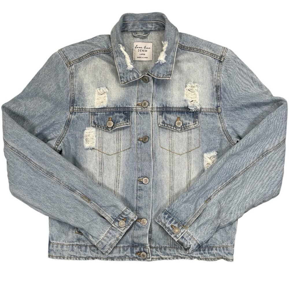 Women's Distressed Denim Jacket Coat Size Large Button Up Love Tree